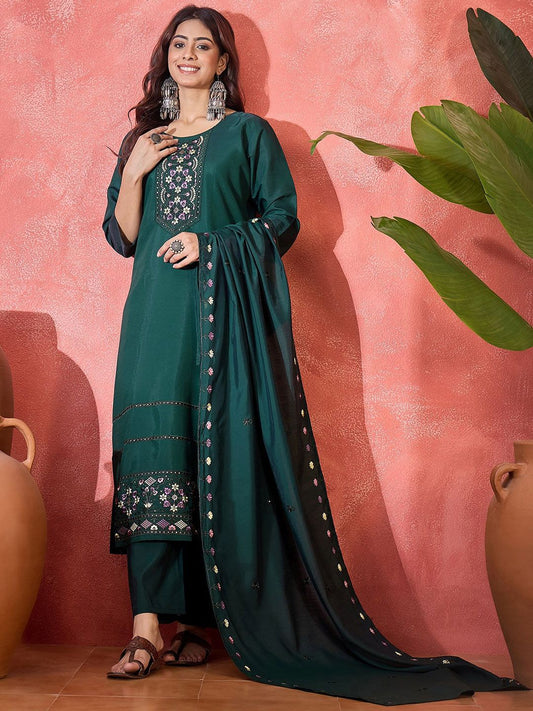 Dhiyona SN Women's Floral Embroidered Thread Work Pure Silk Straight Kurta & Trousers With Dupatta