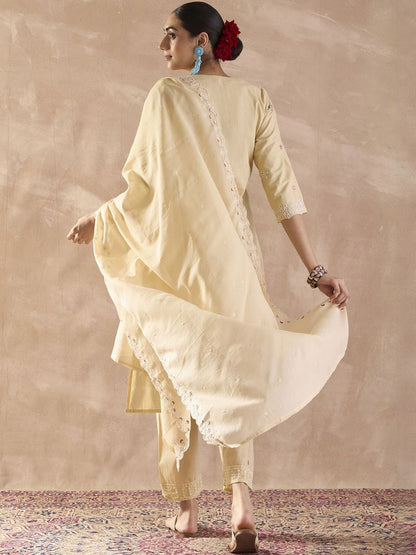 Floral Embroidered V-Neck Thread Work Pure Cotton Kurta With Trousers & Dupatta
