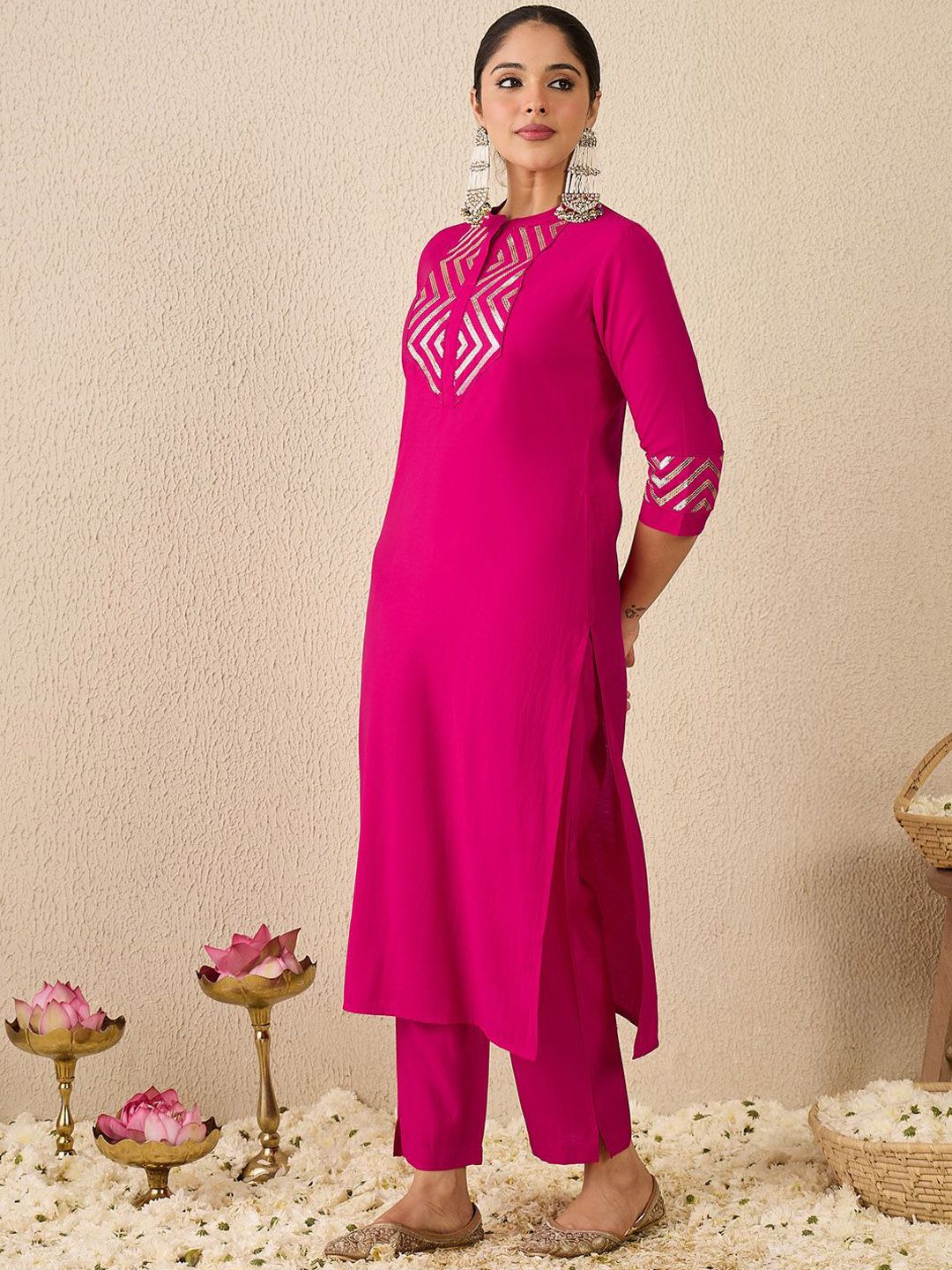 Embroidered Mirror Work Straight Kurta With Trousers