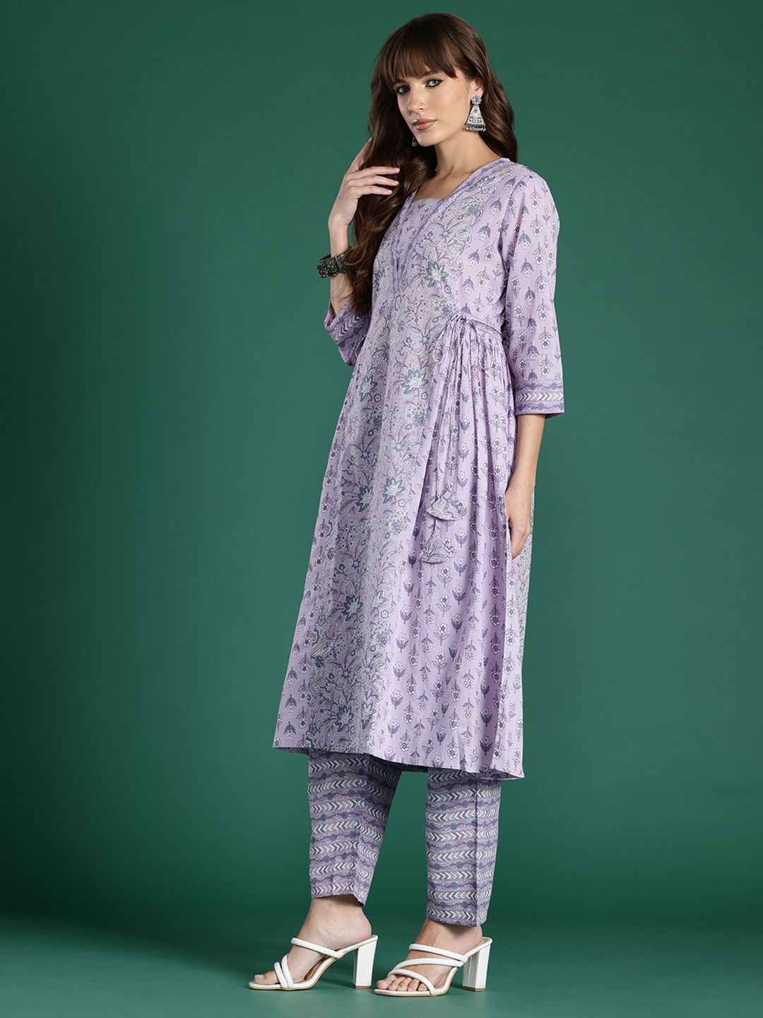 Floral Printed Pleated Pure Cotton Kurta With Trousers & Dupatta