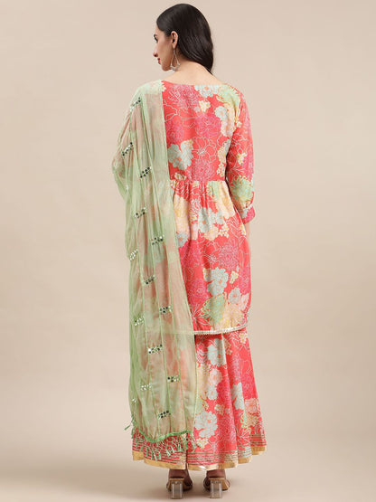 Dhiyona VA Women'sFloral Printed Empire Mirror Work Anarkali Kurta with Sharara & With Dupatta