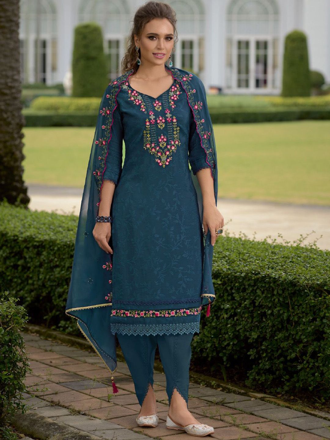 Dhiyona VA Women'sFloral Yoke Design V-Neck Thread Work Straight Kurta With Dhoti & Dupatta
