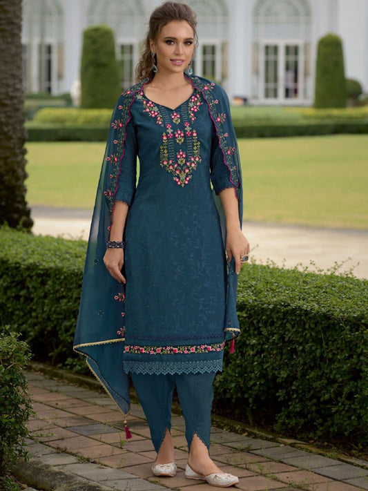 Dhiyona VA Women'sFloral Yoke Design V-Neck Thread Work Straight Kurta With Dhoti & Dupatta