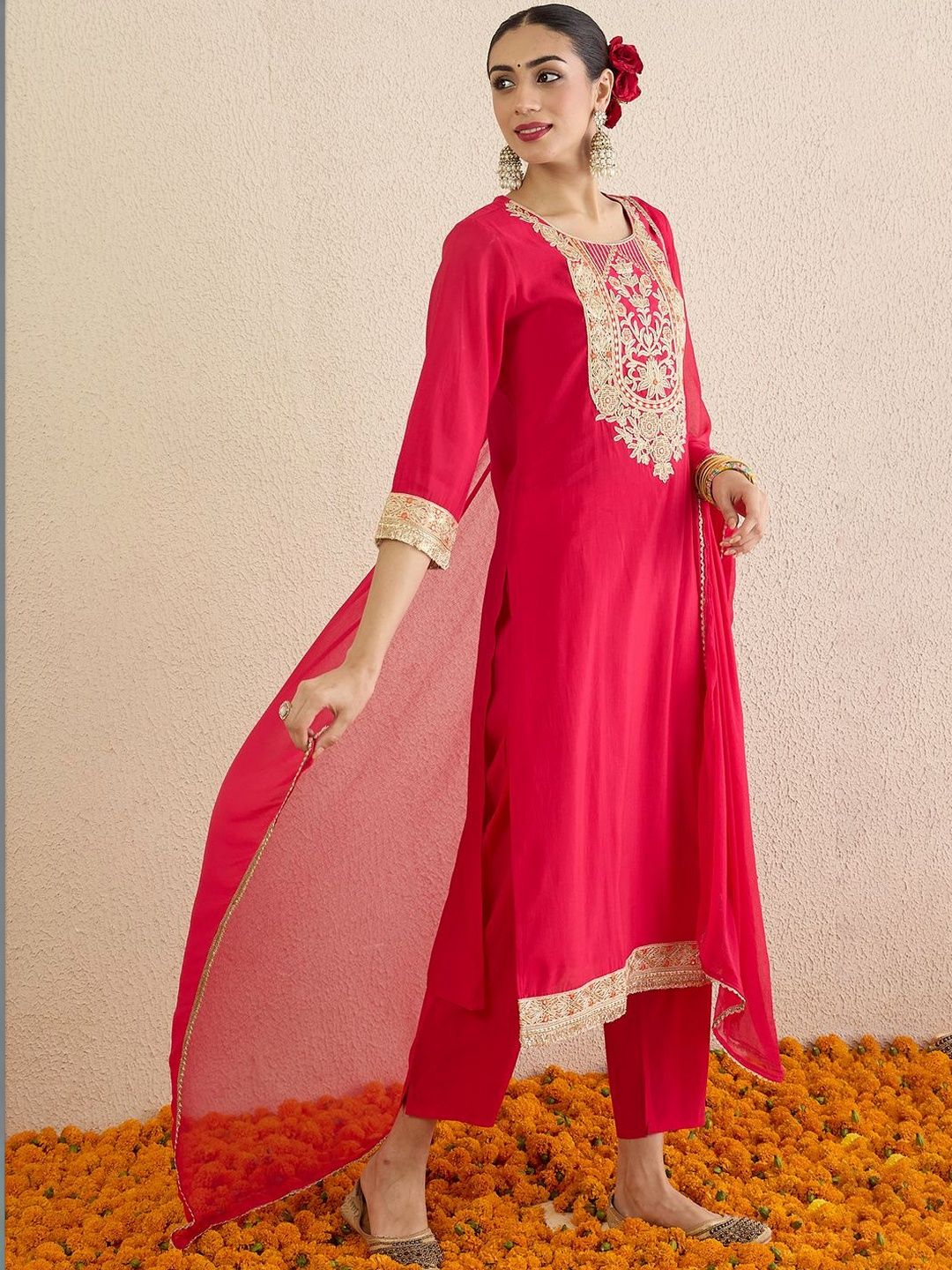 Women Ethnic Motifs Embroidered Regular Thread Work Kurta with Trousers & With Dupatta