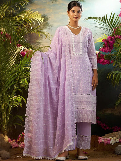 Women Ethnic Motifs Embroidered Cotton Kurta with Trousers & Dupatta