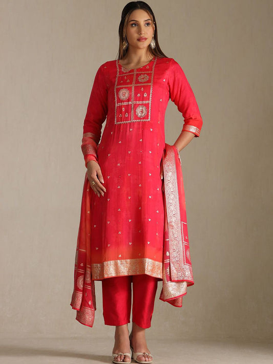 Dhiyona SO Women's Women Floral Woven Design Regular Sequinned Kurta With Trousers & Dupatta
