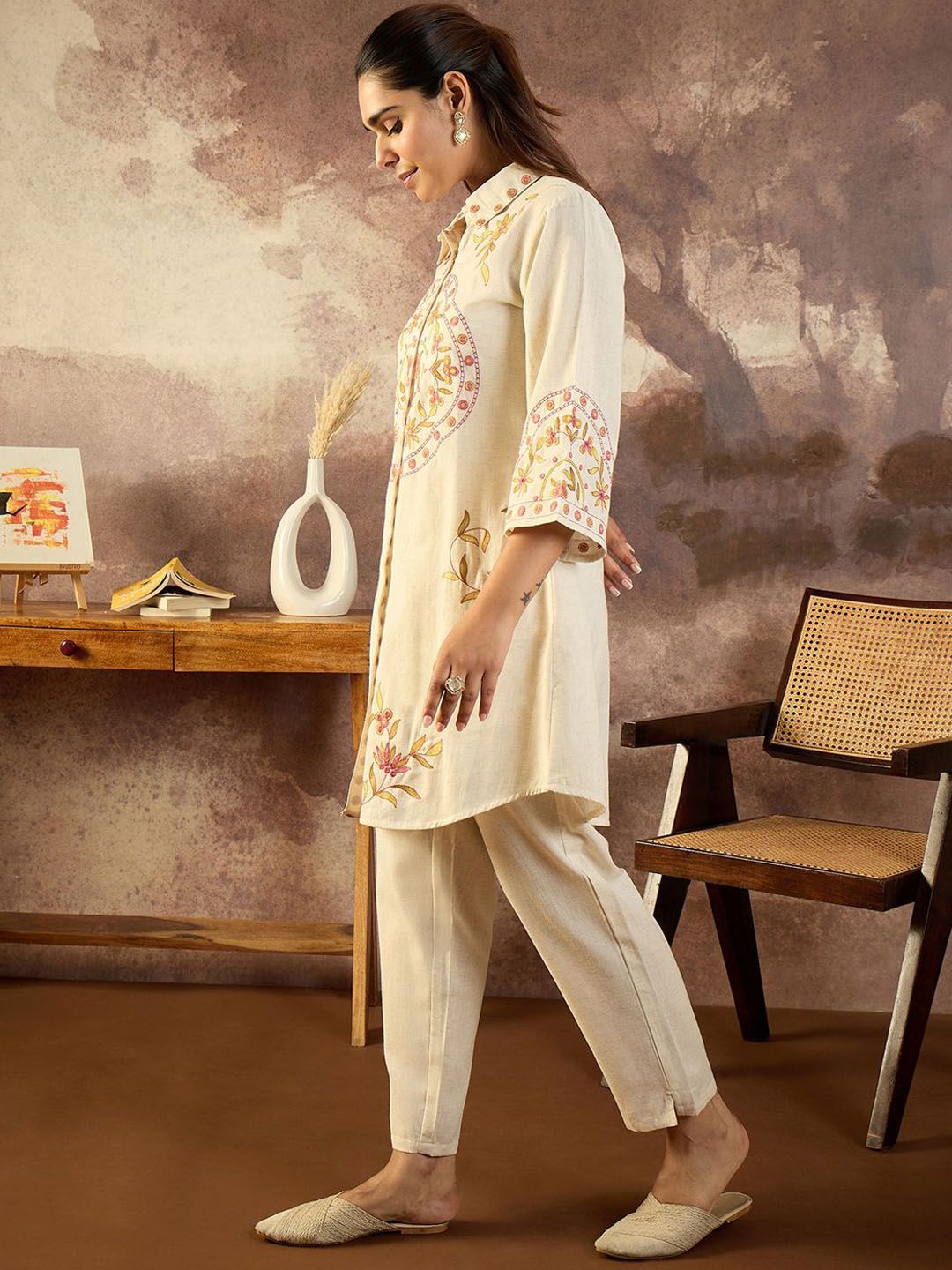 Dhiyona IE Embroidered Shirt Collar Pure Cotton Tunic With Trousers