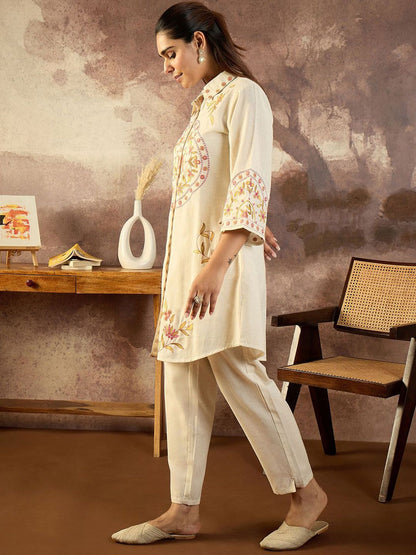Dhiyona IE Embroidered Shirt Collar Pure Cotton Tunic With Trousers