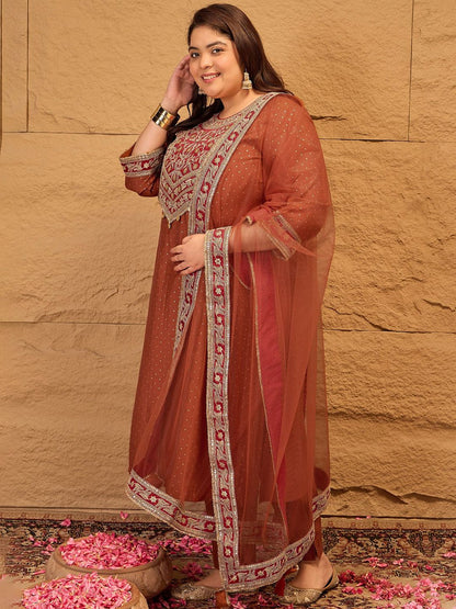 Dhiyona IN Plus Size Floral Yoke Design Sequinned Kurta With Trousers & Dupatta