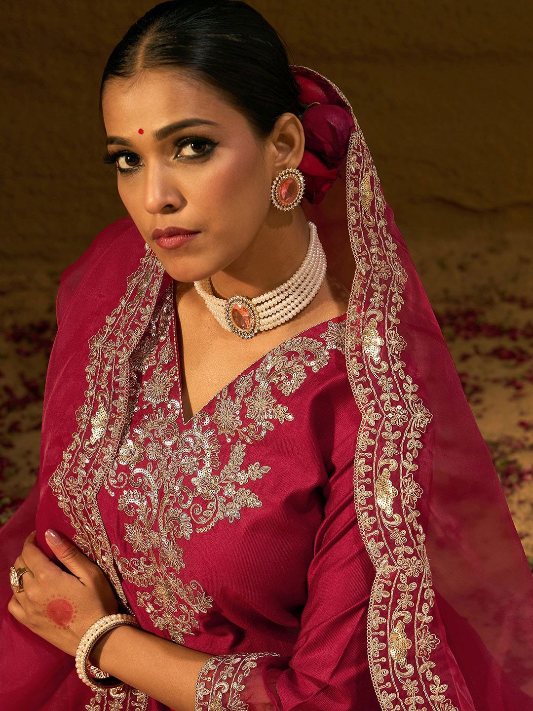 Dhiyona IE Maroon Ethnic Motifs Embroidered Sequinned Liva Kurta with Trouser & Dupatta