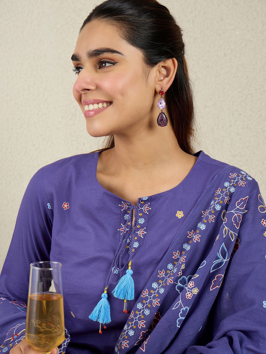 Women Floral Printed Cotton Kurta with Trousers & Dupatta