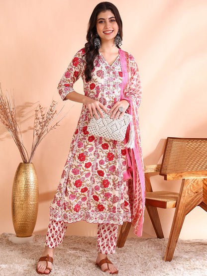 Dhiyona OD  Thread Work Pure Cotton Anarkali Kurta with Trousers & Dupatta