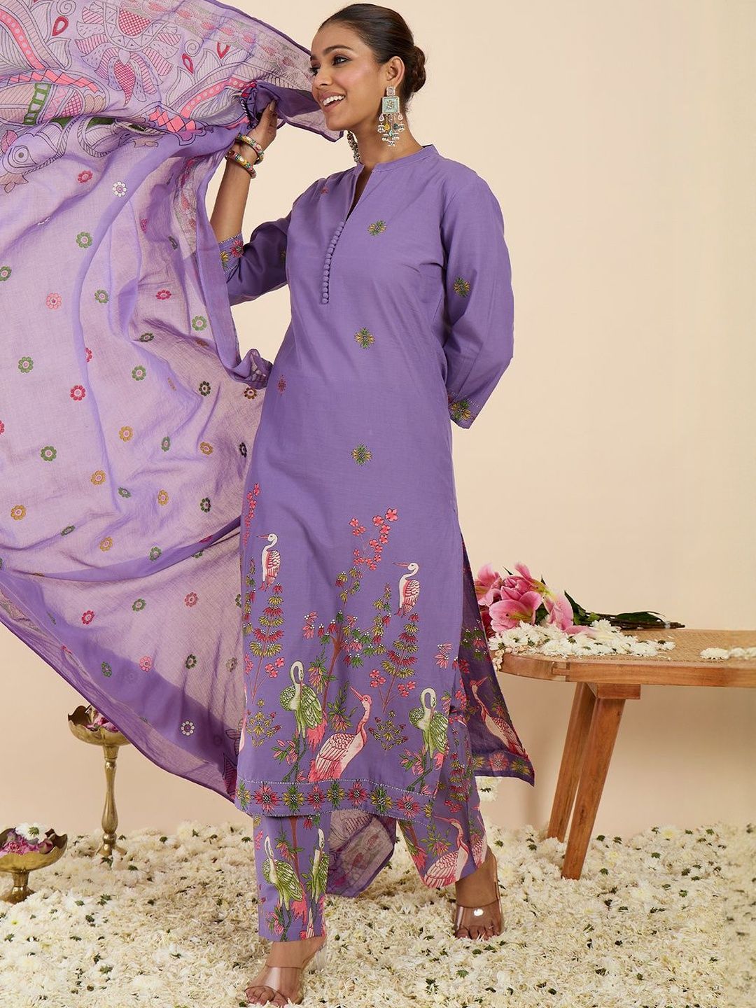Women Ethnic Motifs Printed Regular Pure Cotton Kurta with Trousers & With Dupatta