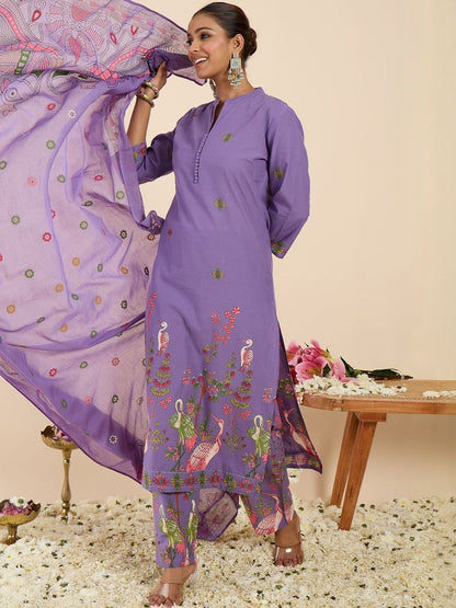 Women Ethnic Motifs Printed Regular Pure Cotton Kurta with Trousers & With Dupatta