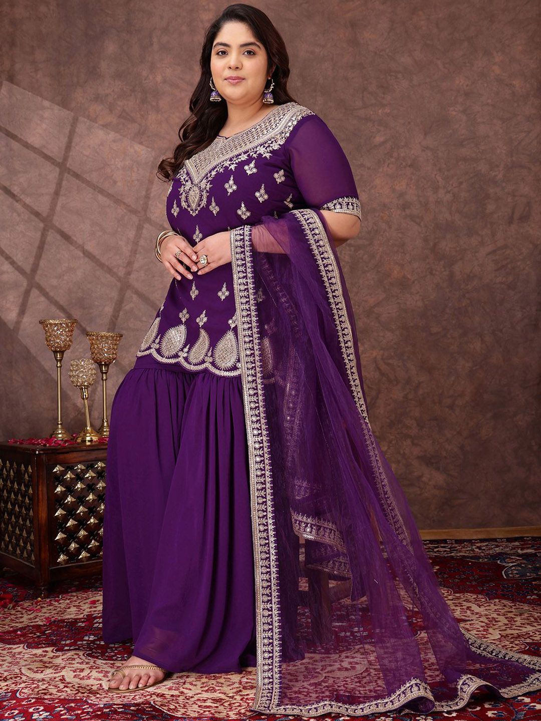 Dhiyona IN Women Plus Size Ethnic Motifs Sequinned Kurta with Sharara & Dupatta