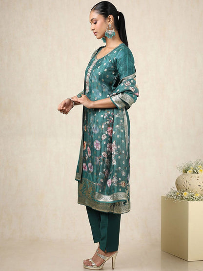 Dhiyona SO Women's Floral Brocade Woven Design Art Silk Straight Kurta With Trousers & Dupatta