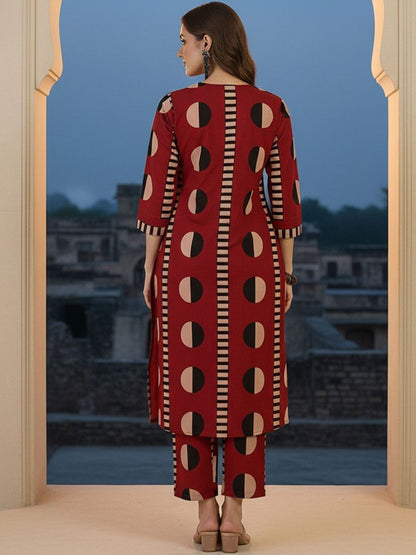 Geometric Printed V-Neck Pure Cotton Straight Kurta With Trousers