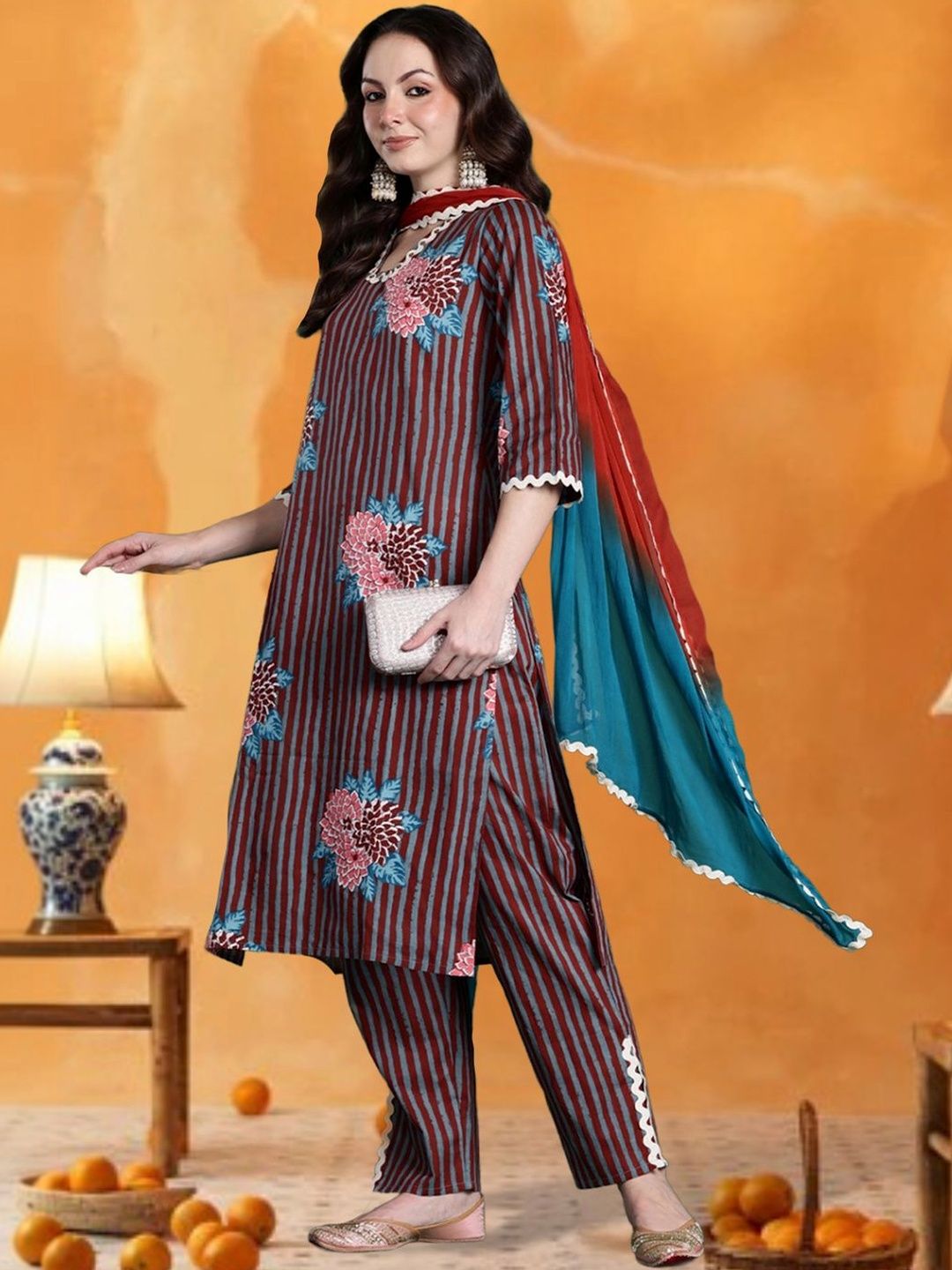 Women Floral Printed Regular Pure Cotton Kurta with Trousers & With Dupatta