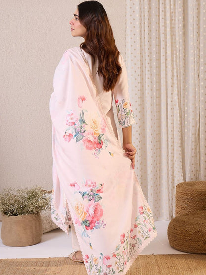 Women Floral Printed Regular Linen Kurta with Trousers & With Dupatta