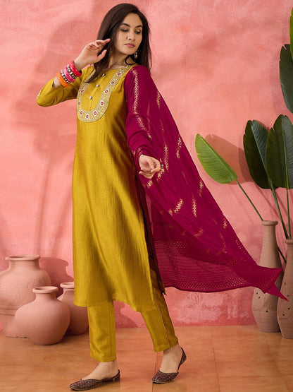 Dhiyona SN Women's Yellow Zari Embroidered Straight Kurta With Trouser And Dupatta