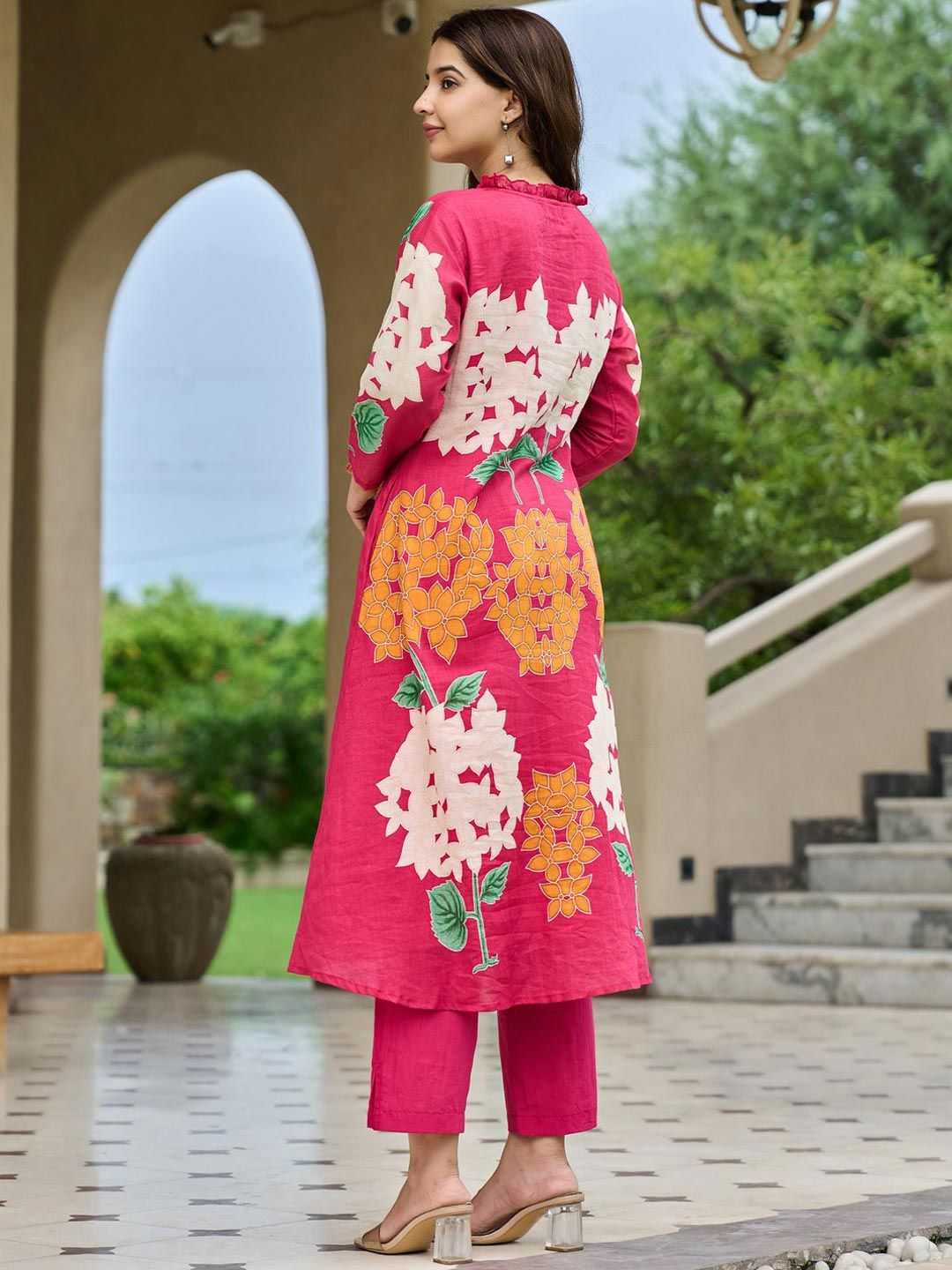 Floral Printed Mandarin Collar Pleated Pure Cotton A-Line Kurta With Trousers