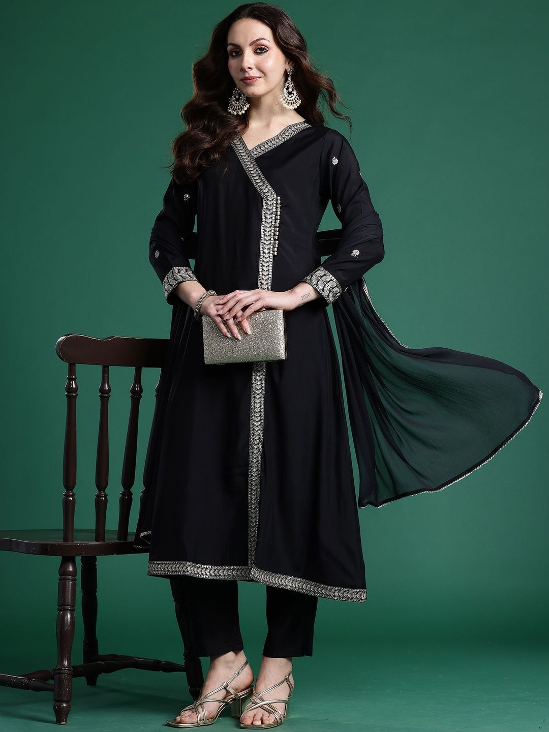 Dhiyona IE Ethnic Motifs Embroidered Angrakha Thread Work Kurta with Trousers & Dupatta