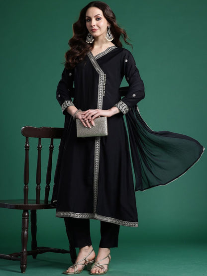 Ethnic Motifs Embroidered Angrakha Thread Work Kurta with Trousers & Dupatta