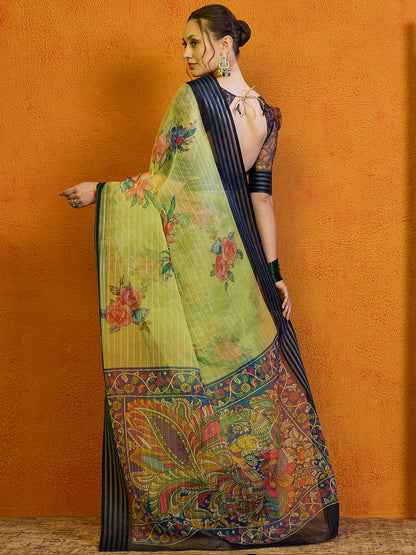 Women's Organza Light Green Printed Designer Saree With Blouse Piece