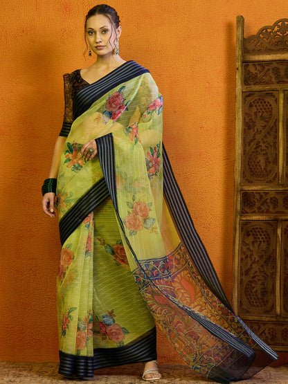 Women's Organza Light Green Printed Designer Saree With Blouse Piece