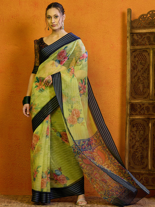 Women's Organza Light Green Printed Designer Saree With Blouse Piece