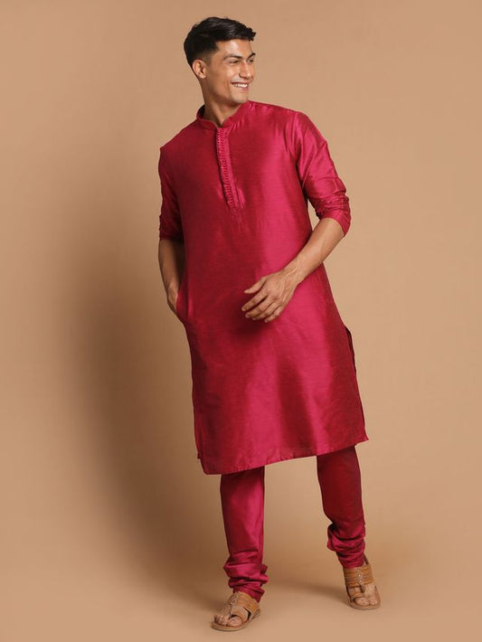 Men's Magenta Cotton Blend Straight Kurta Pyjama Set