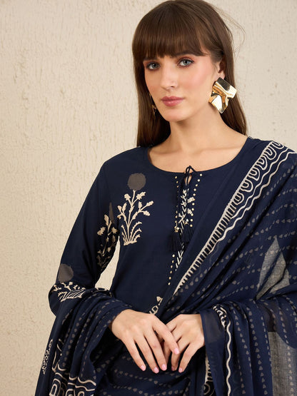 Dhiyona IE Floral Printed Pure Cotton Straight Kurta With Trousers & Dupatta