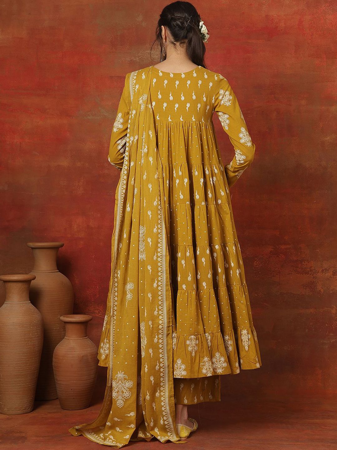 Dhiyona SN Women's Printed Pure Cotton Key Hole-Neck Anarkali Kurta & Trousers With Dupatta