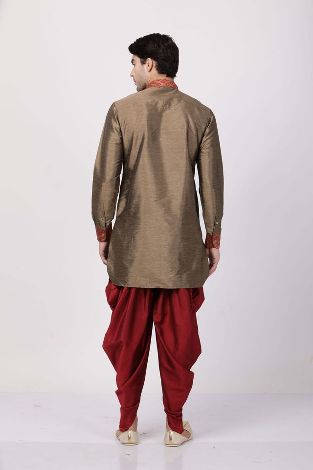 Men's Maroon Silk Blend Pathani Kurta and Dhoti Set