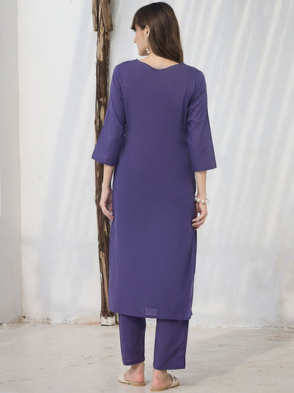 Dhiyona IE Embroidered Pure Cotton V-Neck Top With Trousers Co-Ords