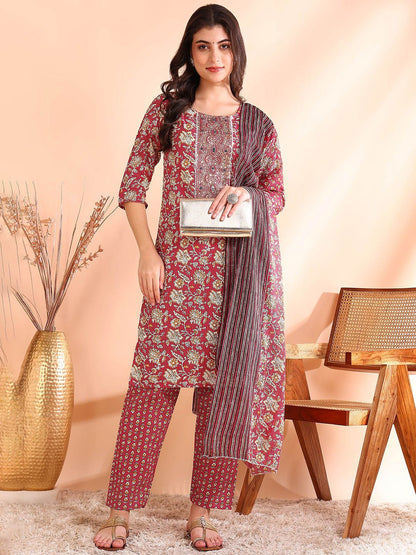 Dhiyona OD  Printed Mirror Work Pure Cotton Kurta With Trousers & Dupatta
