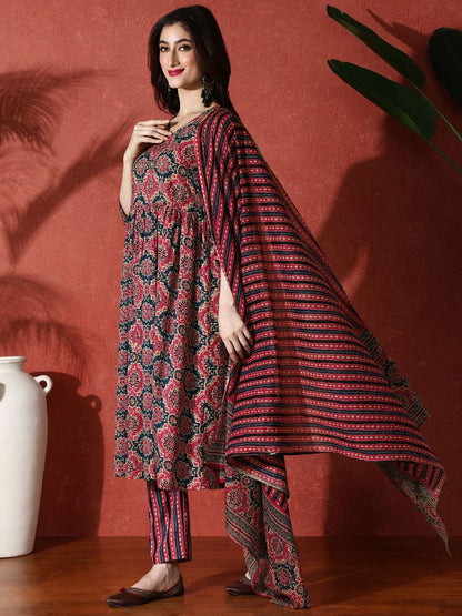 Dhiyona SN Women's Embroidered Pure Cotton A-Line Kurta & Trousers With Dupatta