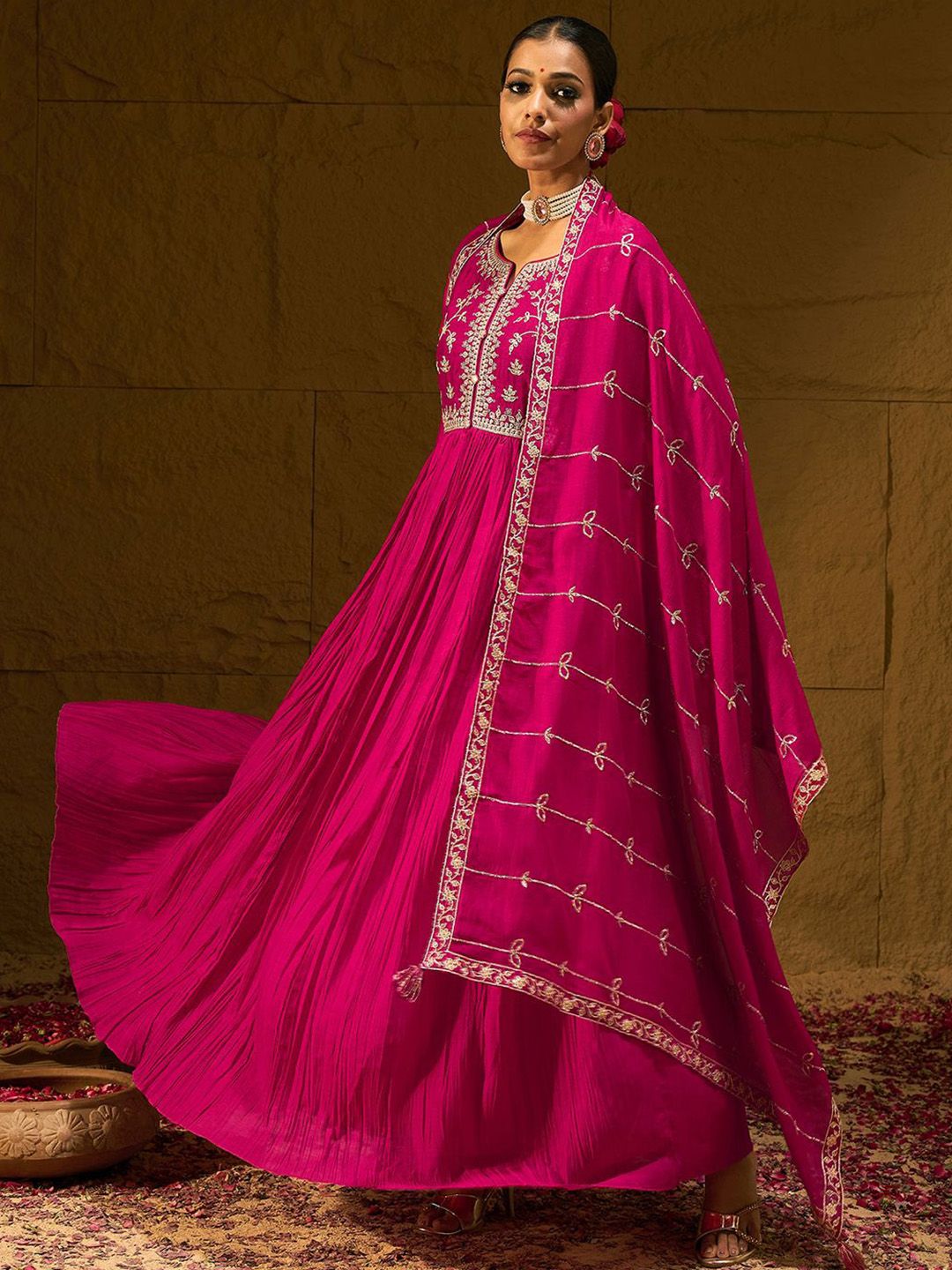 Floral Embroidered Notched Neck Pleated A-Line Kurta With Trousers & Dupatta