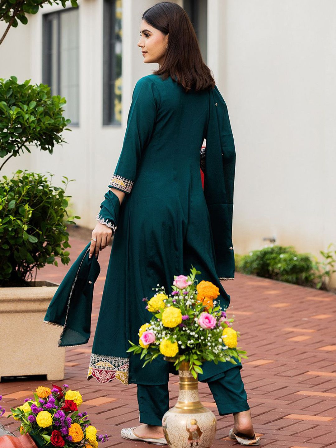 Dhiyona CH Women Floral Embroidered A-Line Kurta with Trousers & Dupatta