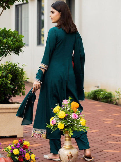 Dhiyona CH Women Floral Embroidered A-Line Kurta with Trousers & Dupatta