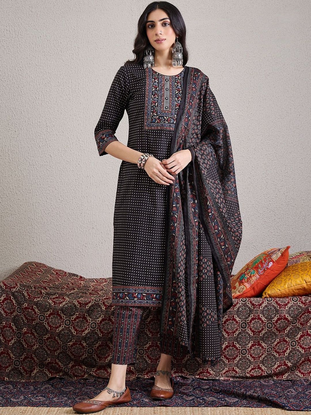 Ethnic Motifs Yoke Design Pure Cotton Straight Kurta & Trousers With Dupatta
