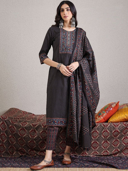 Ethnic Motifs Yoke Design Pure Cotton Straight Kurta & Trousers With Dupatta