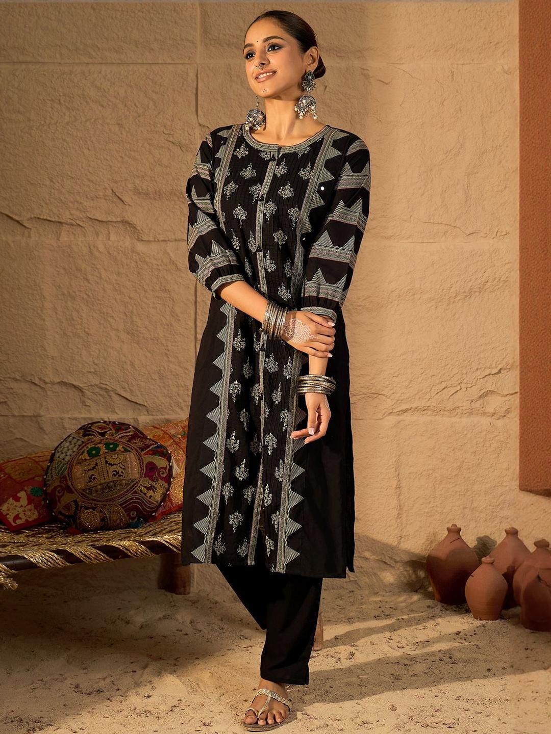 Dhiyona IE Printed Pure Cotton Round Neck Tunic With Trousers
