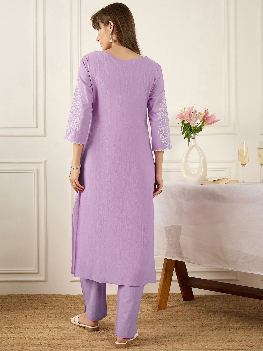 Floral Printed Thread Work Pure Cotton Kurta With Palazzos