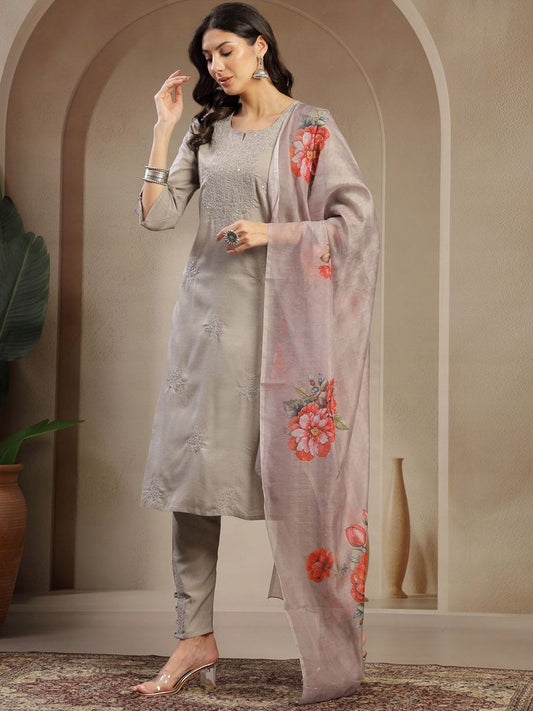 Dhiyona SN Women's Embroidered Straight Kurta With Trouser & Dupatta