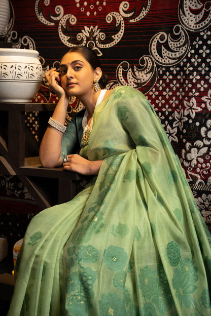Dhiyona GR Women's Devanshi Green Soft Cotton Jamdani Saree
