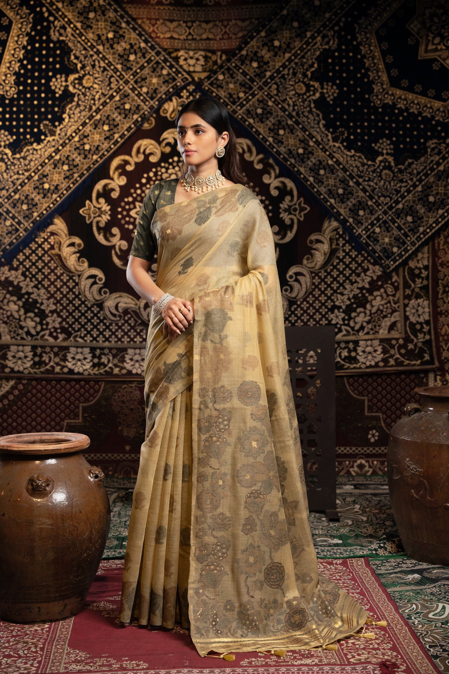 Dhiyona GR Women's Devanshi Light Brown Soft Cotton Jamdani Saree
