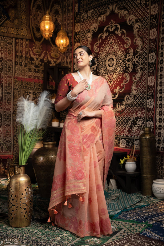 Dhiyona GR Women's Devanshi Peach Soft Cotton Jamdani Saree