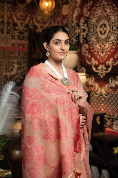 Dhiyona GR Women's Devanshi Peach Soft Cotton Jamdani Saree