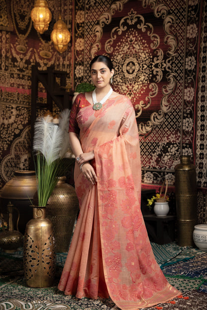 Dhiyona GR Women's Devanshi Peach Soft Cotton Jamdani Saree